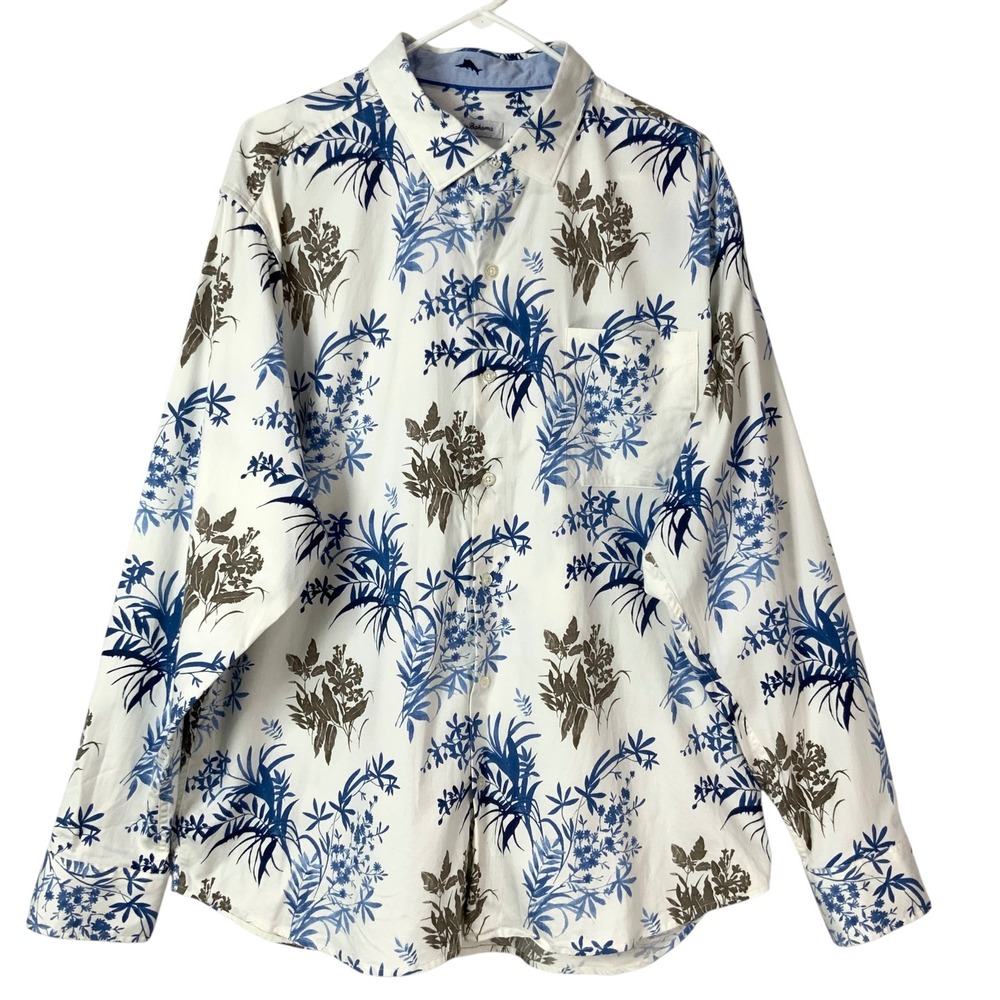 Tommy Bahama White Floral Button Down Shirt XL Collared Long Sleeve Silk Blend